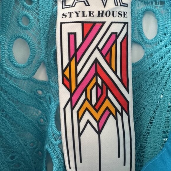 La Vie Style House Turquoise Shell Lace Mini Caftan Dress - Like New - Picture 5 of 5